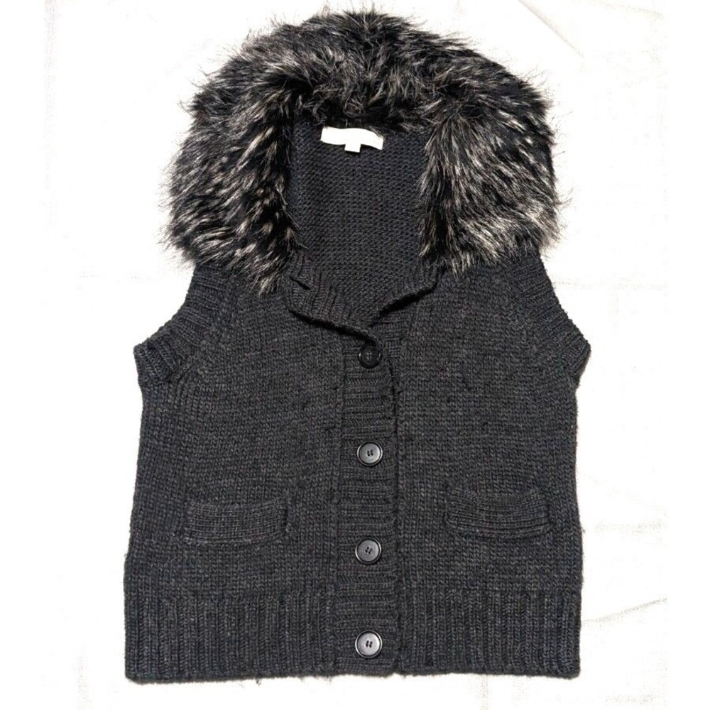 LOFT Ann Taylor Faux Fur Collar Knit Vest Charcoal Gray Wool Blend Petite Medium